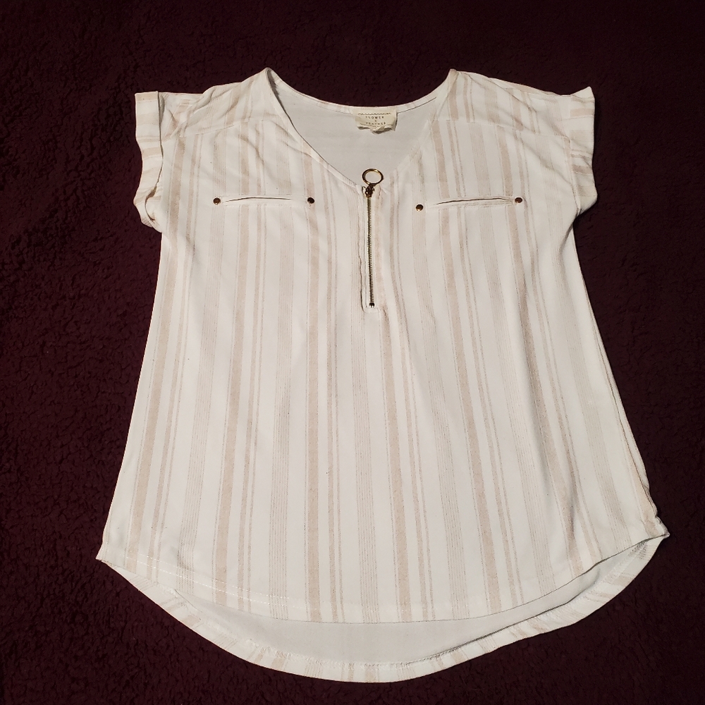 Flower & Feather Off White Light Brown Stripes Blouse Women's Top Sz Small.